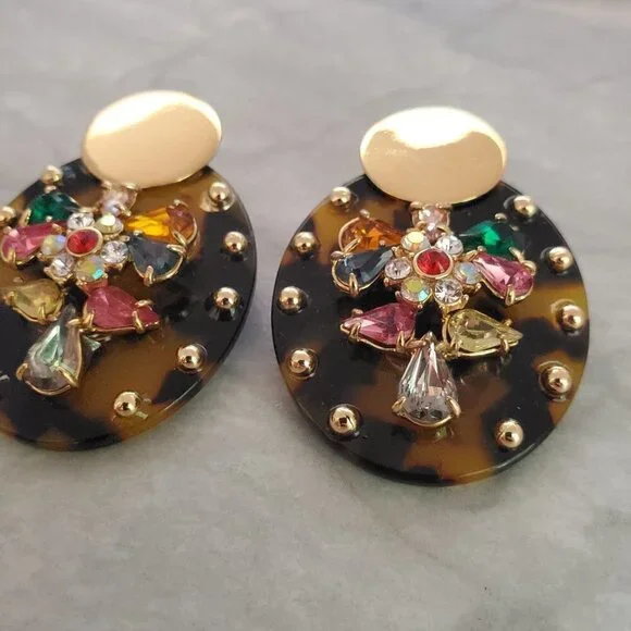 ✨ J.Crew Tortoise Shell Rhinesontes Crystsals Cluster Statement Earrings ✨ - Picture 4 of 13